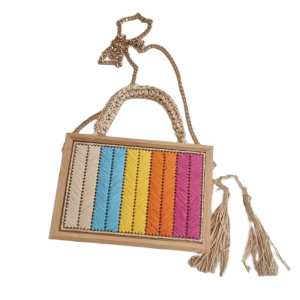 BOLSA LUXUOSA ACABAMENTO EM MADEIRA E DUAS ALÇAS