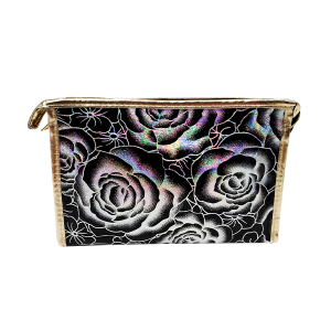 NECESSAIRE DE ROSAS COM BRILHOS HOLOGRÁFICOS